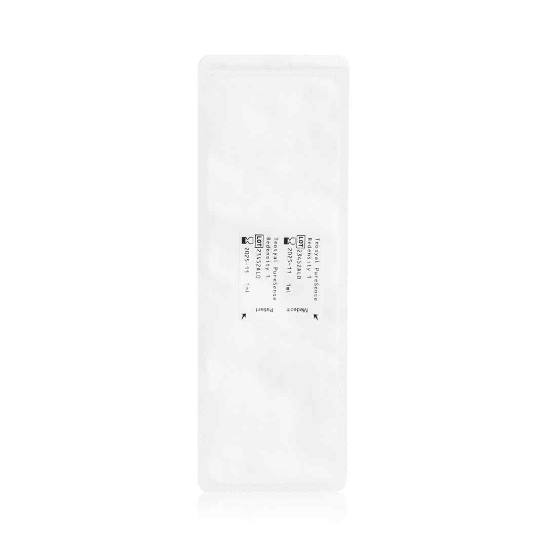 The back of single Teosyal Puresense Redensity I dermal filler