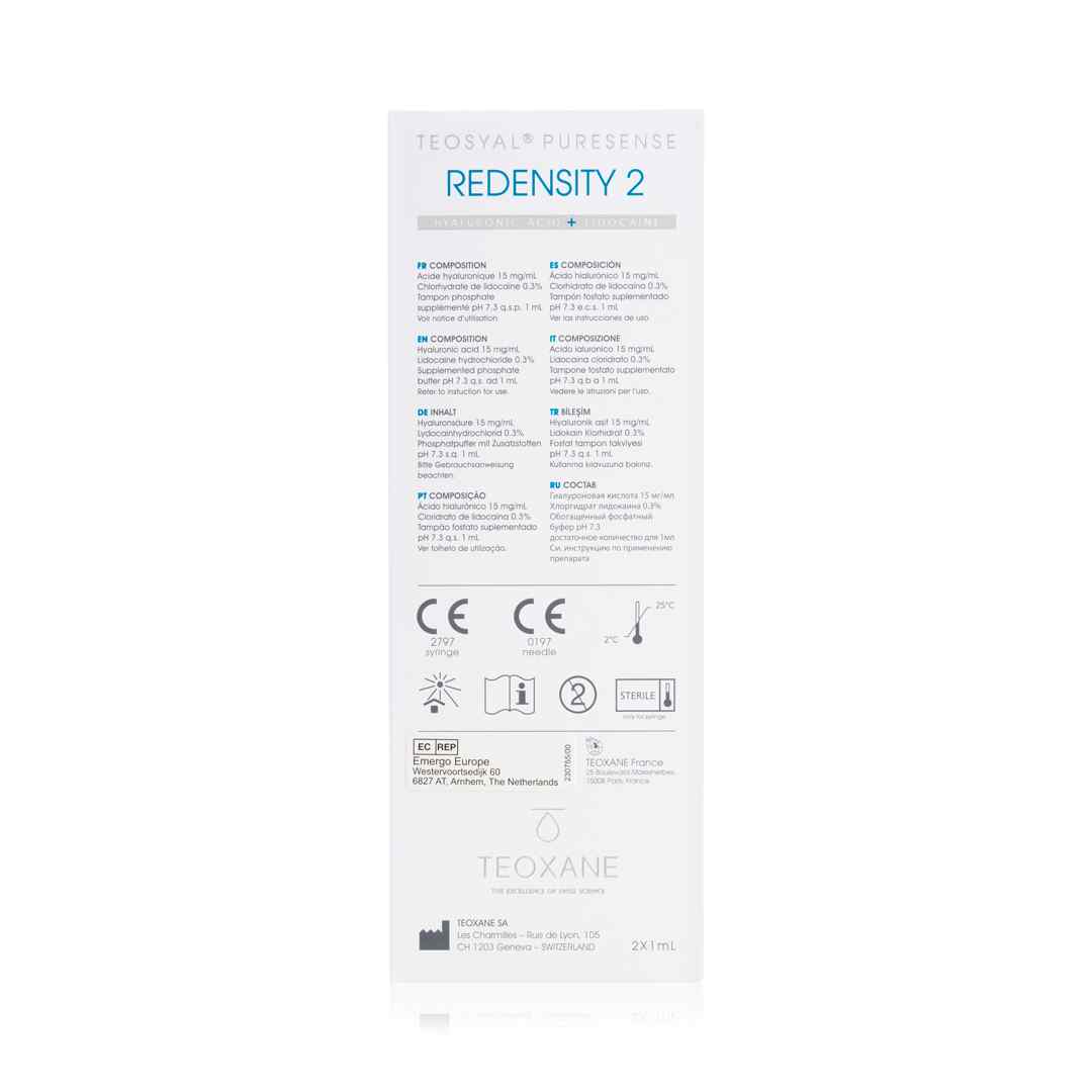 The back of Teosyal Puresense Redensity II dermal filler box