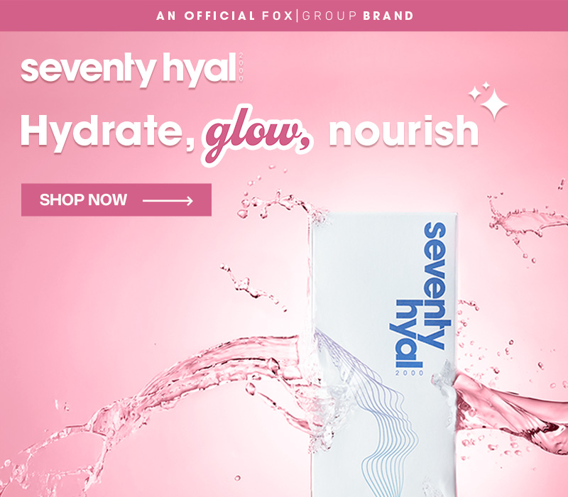 Seventy Hyal 2000 skin booster hydrate, glow and nourish mobile banner on a pink background