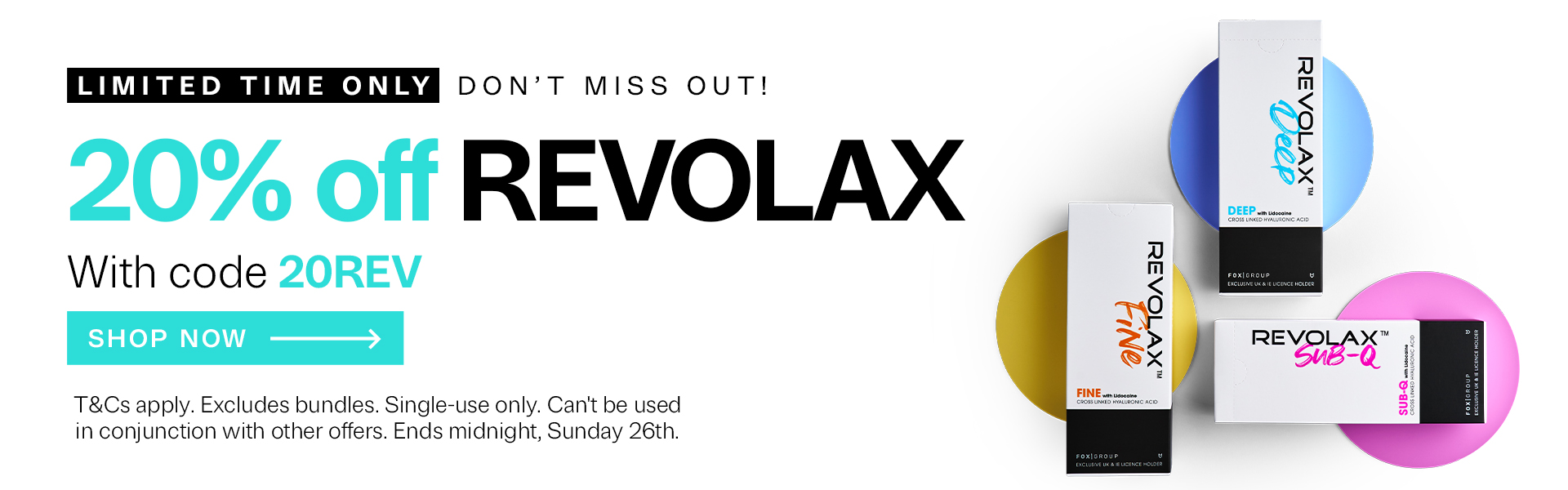 REVOLAX offer desktop banner with 20% discount code on a white background