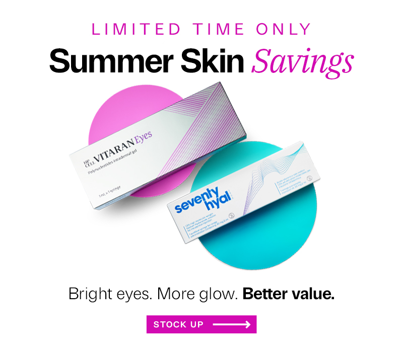 Summer skin mobile banner featuring Seventy hyal single and VITARAN Eyes boxes on a white background