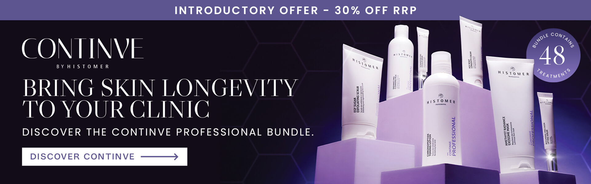 CONTINVE professional skin care bundle range desktop banner on a purple background