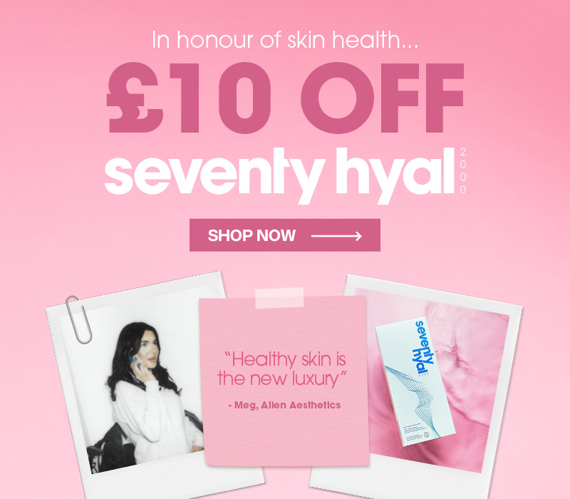 Seventy Hyal skin booster mobile banner on a pink background