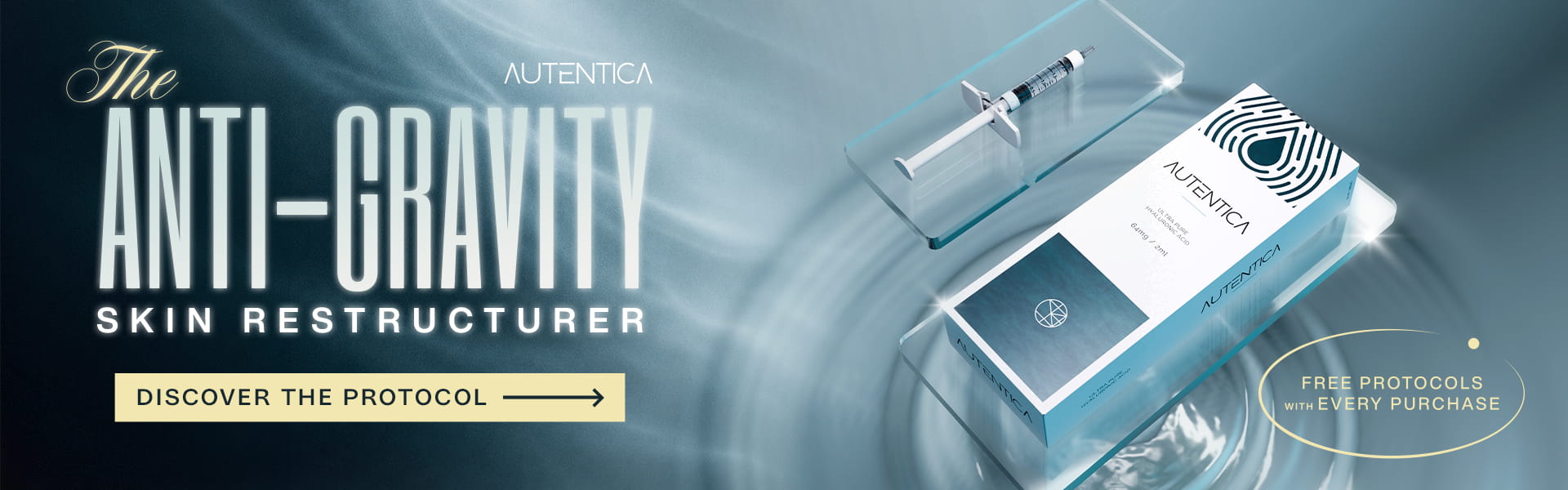 Three Autentica Skin Booster Boxes on A Gradient Background with the Heading Title ' Anti Gravity Skin Restructurer'