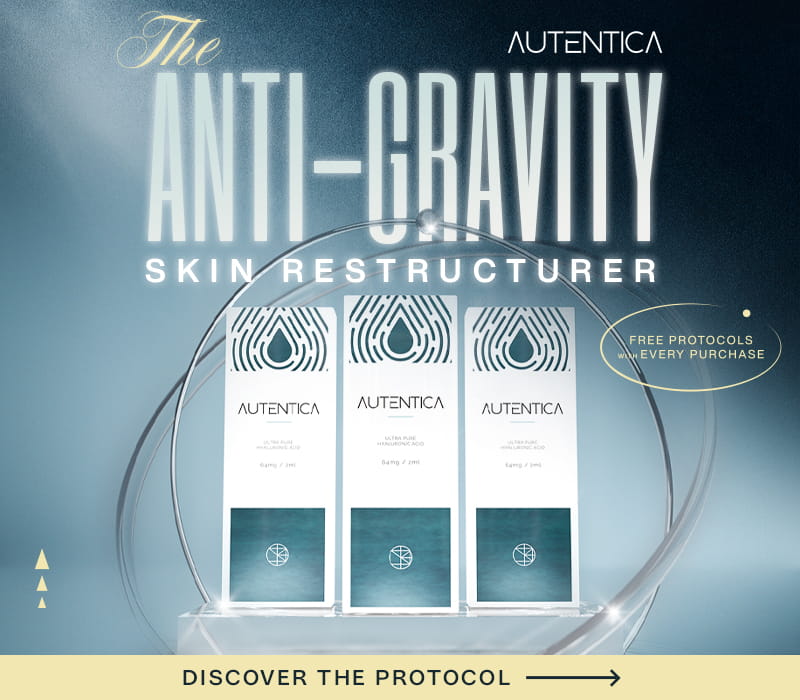 Three Autentica Skin Booster Boxes on A Gradient Background with the Heading Title ' Anti Gravity Skin Restructurer'