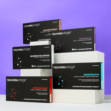Nouveau Visage NEWDERM range stacked at different levels on a purple and white background to highlight the boxes