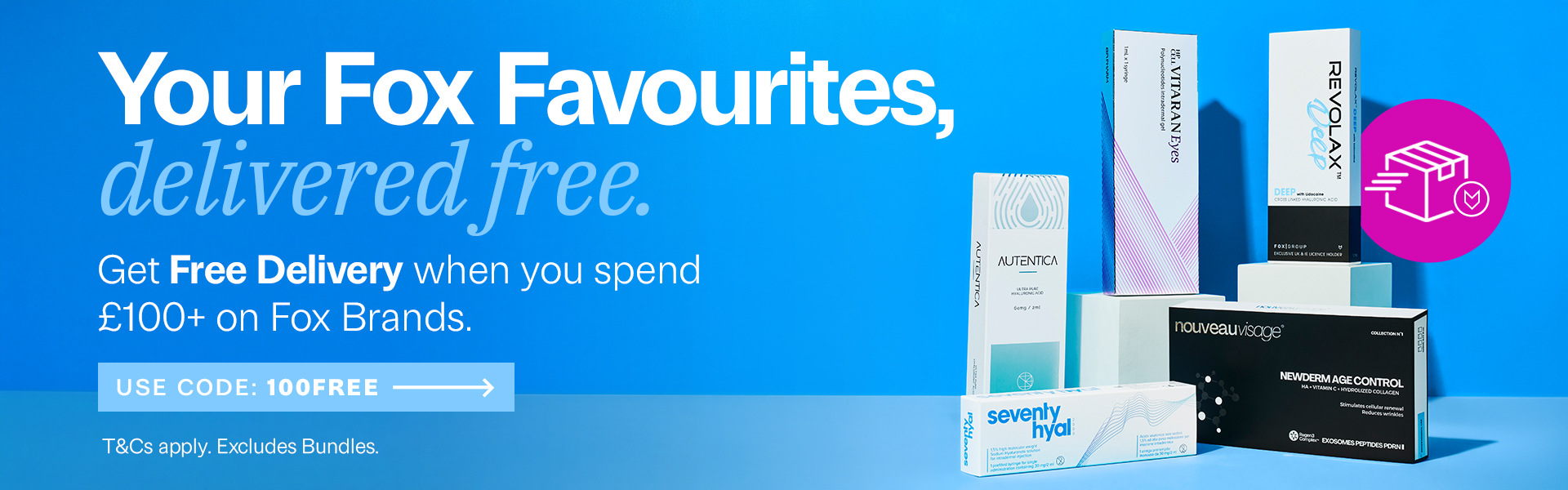 Free delivery when spending £100 on Fox brands banner on a blue background
